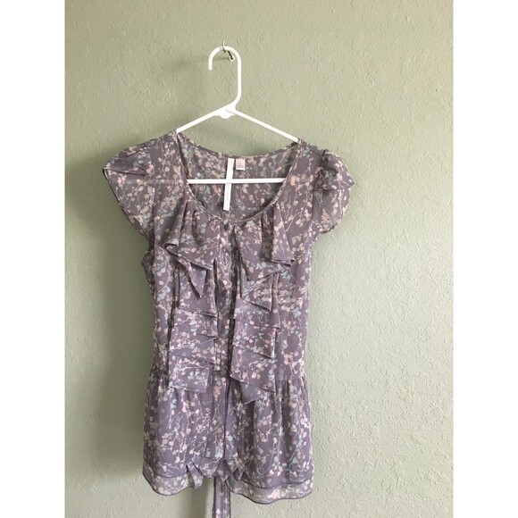 LC Lauren Conrad Sheer Women's Blouse Size S Gray Floral Sleeveless Ruffle - Picture 1 of 7